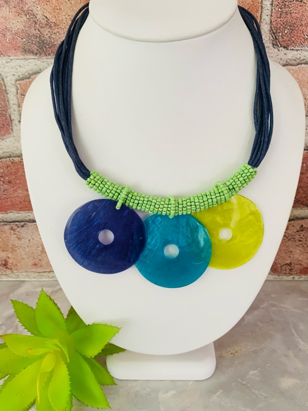 Shell Disc and Seed Bead Necklace Blue, Teal & Lime